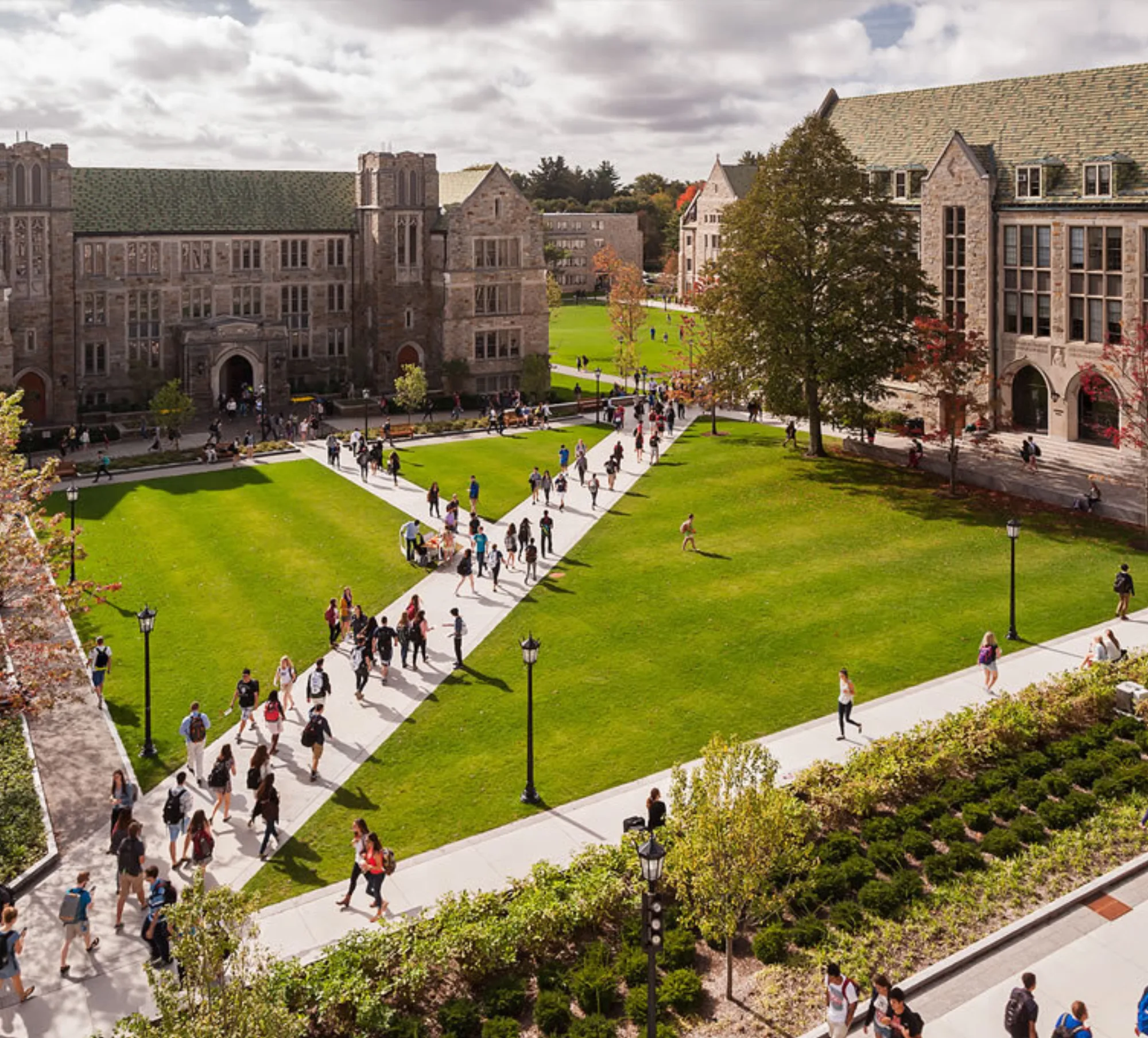 Students crossing a university campus quad in the USA